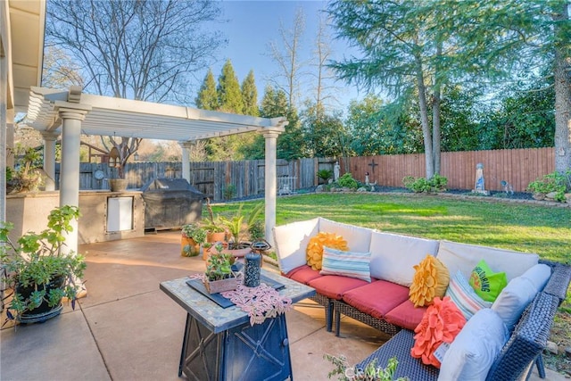 view of patio / terrace with an outdoor kitchen, area for grilling, an outdoor hangout area, and a pergola