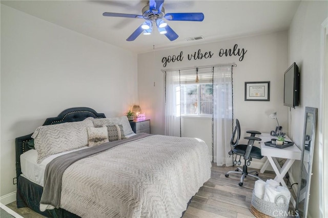 bedroom featuring ceiling fan and wood-type flooring