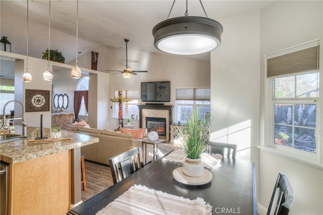 dining area featuring hardwood / wood-style floors, ceiling fan, lofted ceiling, and sink