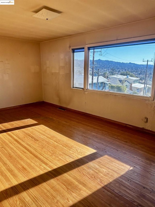 unfurnished room featuring a mountain view and light wood-type flooring