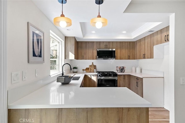 kitchen featuring sink, hanging light fixtures, stainless steel appliances, kitchen peninsula, and a tray ceiling