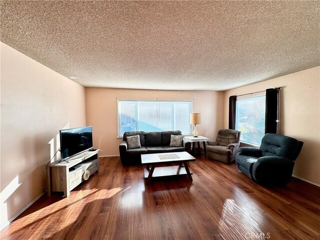 living room with a textured ceiling and dark wood-type flooring