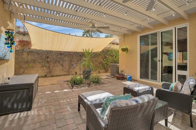 view of patio with outdoor lounge area, a pergola, central AC, and ceiling fan