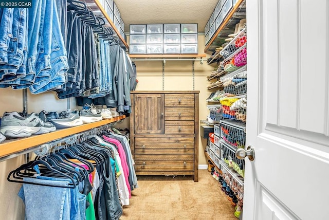 spacious closet featuring light carpet