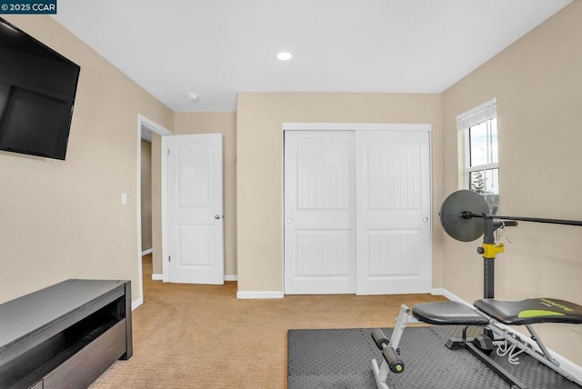 exercise area featuring light colored carpet