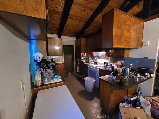 kitchen with white appliances, lofted ceiling with beams, decorative backsplash, kitchen peninsula, and wood ceiling