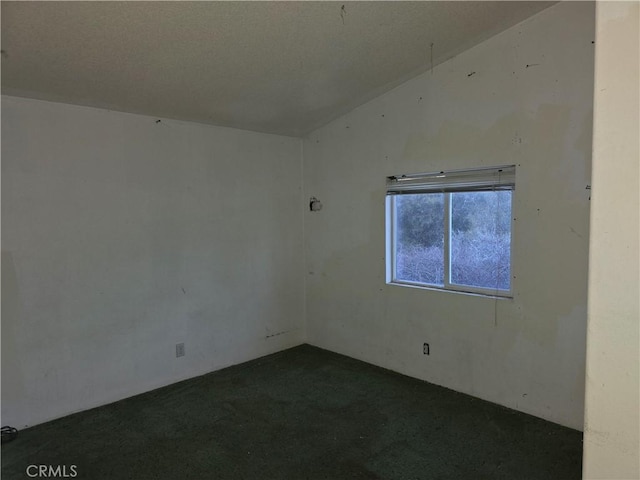 spare room featuring lofted ceiling and dark colored carpet