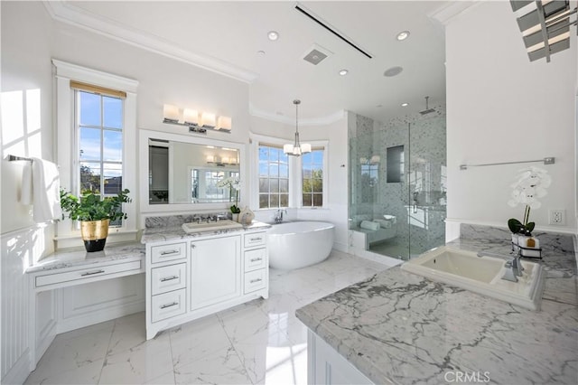 bathroom with a wealth of natural light, vanity, ornamental molding, and shower with separate bathtub