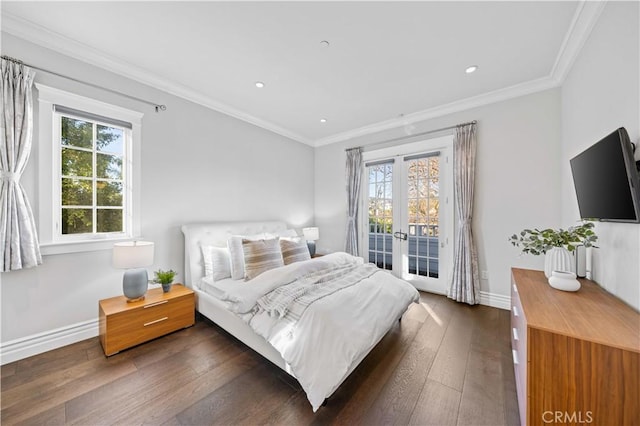 bedroom featuring french doors, crown molding, access to outside, and dark wood-type flooring