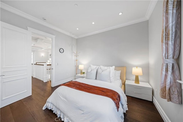 bedroom with dark wood-type flooring and ornamental molding