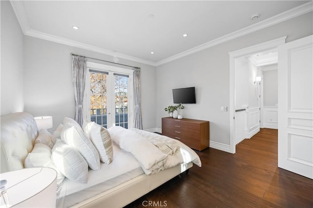 bedroom featuring access to exterior, crown molding, dark hardwood / wood-style flooring, and french doors