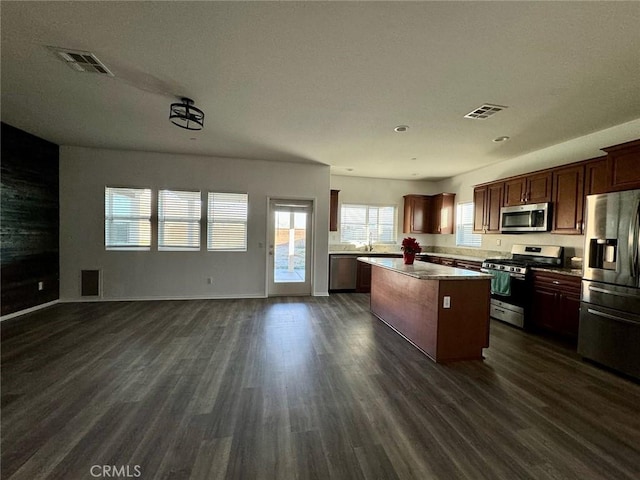 kitchen featuring dark hardwood / wood-style floors, a center island, and stainless steel appliances