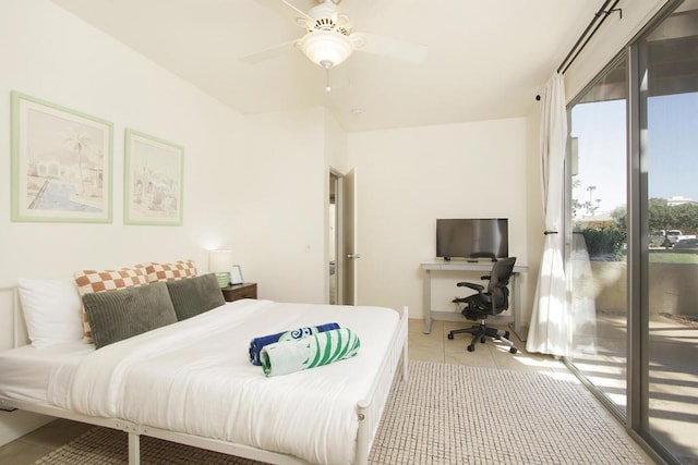 bedroom with light tile patterned floors, access to outside, and ceiling fan