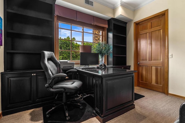 office featuring light carpet, built in features, and ornamental molding