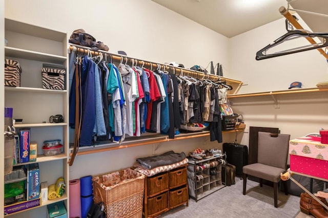 walk in closet featuring light carpet