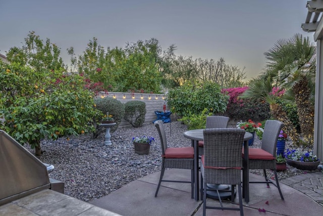 view of patio terrace at dusk