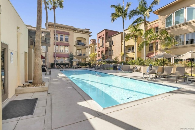 view of swimming pool with a patio area