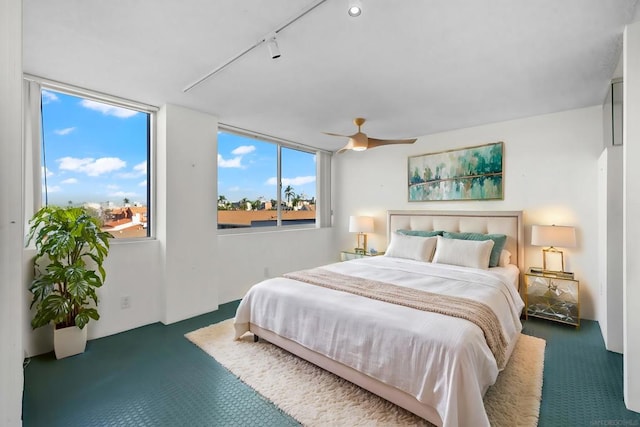 bedroom featuring rail lighting and ceiling fan