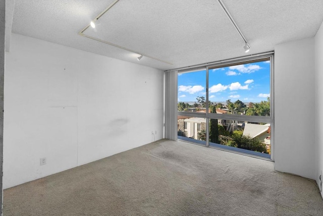 carpeted spare room with expansive windows, rail lighting, and a textured ceiling