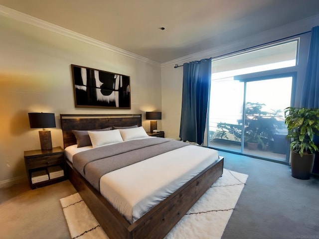 bedroom featuring access to exterior and crown molding