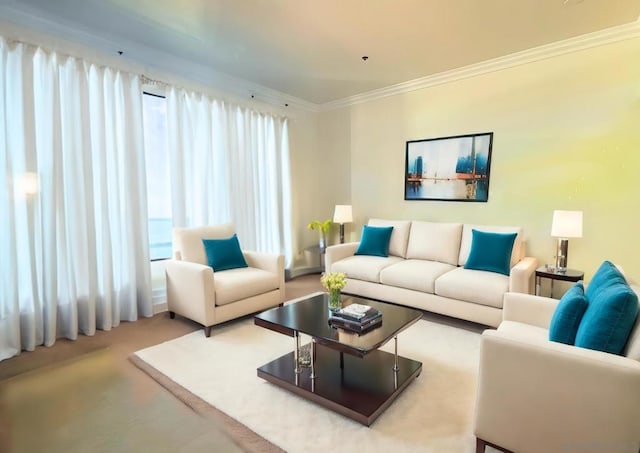 living room featuring carpet and ornamental molding