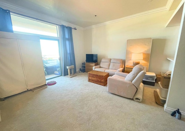 carpeted living room with crown molding