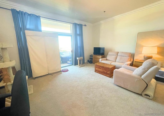 carpeted living room featuring crown molding