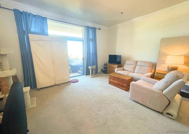 carpeted living room featuring ornamental molding