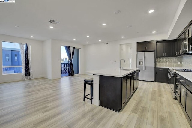 kitchen with backsplash, sink, an island with sink, appliances with stainless steel finishes, and a kitchen bar