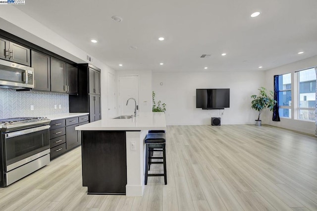 kitchen featuring sink, a kitchen breakfast bar, tasteful backsplash, a kitchen island with sink, and appliances with stainless steel finishes