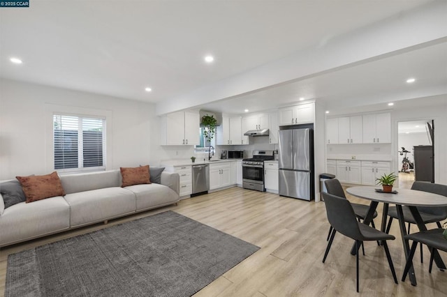 living room featuring light hardwood / wood-style flooring and sink