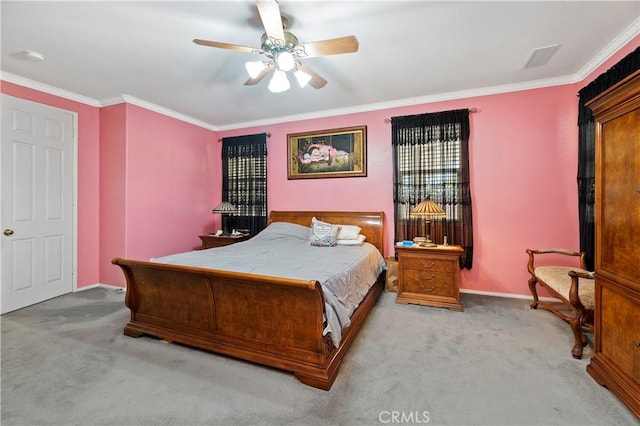 bedroom featuring ceiling fan, crown molding, and light carpet