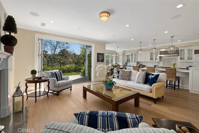 living room with light wood-type flooring, crown molding, and sink