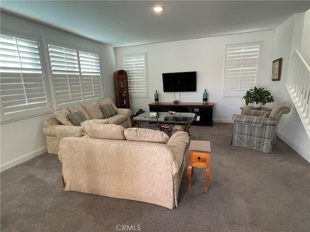 24445 Paxton Ln, Lake Elsinore, CA 92532 - living area featuring stairway, carpet floors, and baseboards