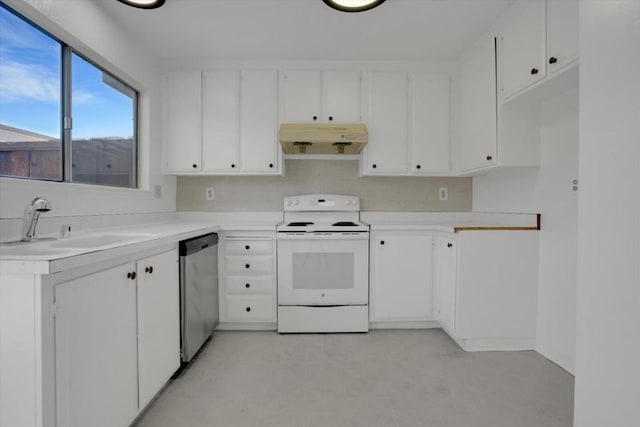 kitchen featuring stainless steel dishwasher, white cabinets, white electric stove, and sink