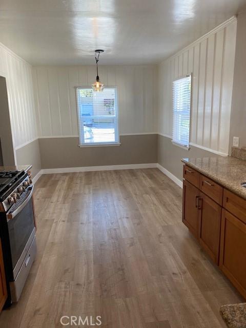 kitchen featuring gas stove, a wealth of natural light, light hardwood / wood-style flooring, and hanging light fixtures