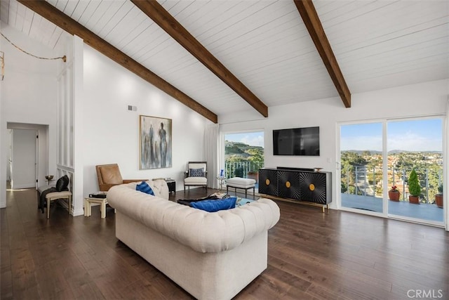 living room with baseboards, visible vents, dark wood-style flooring, beamed ceiling, and high vaulted ceiling