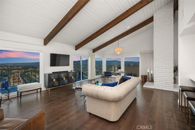 living room with high vaulted ceiling, beam ceiling, a notable chandelier, and dark hardwood / wood-style floors