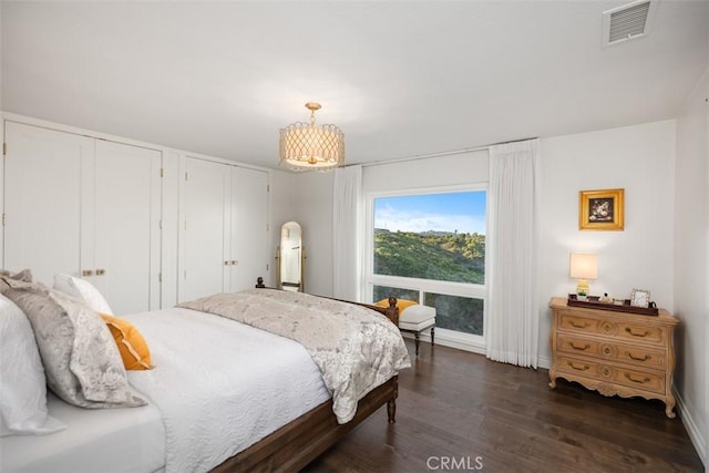 bedroom with dark wood-style flooring, two closets, visible vents, and baseboards