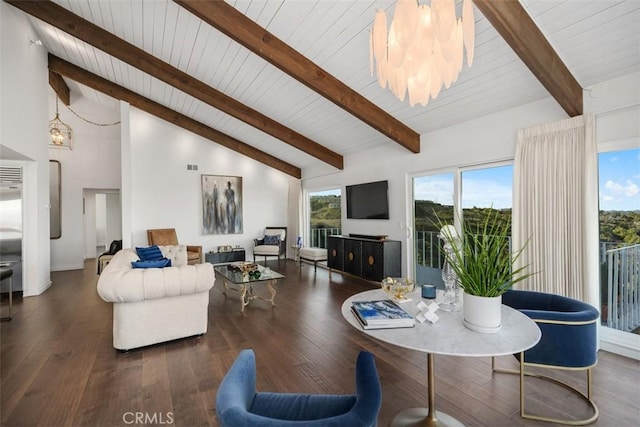 living area featuring high vaulted ceiling, a notable chandelier, a fireplace, wood finished floors, and beam ceiling