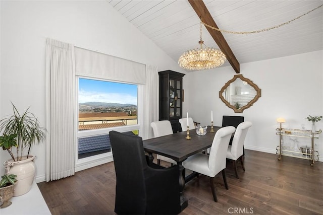 dining room with lofted ceiling with beams, baseboards, wood finished floors, and a notable chandelier