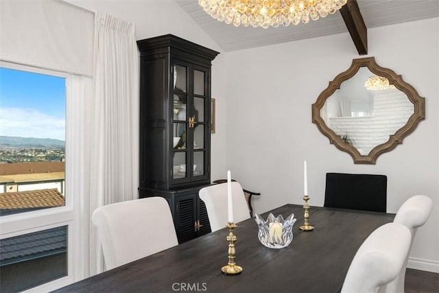 dining area featuring vaulted ceiling with beams, wooden ceiling, and a notable chandelier