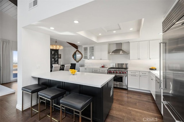 kitchen with premium appliances, a breakfast bar, dark wood-style flooring, wall chimney range hood, and a tray ceiling