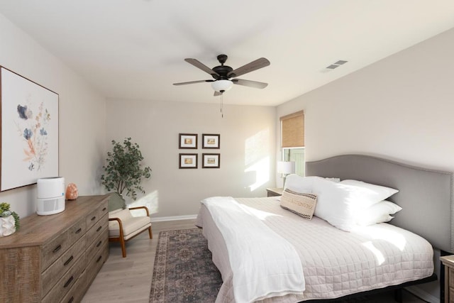 bedroom featuring ceiling fan and light hardwood / wood-style floors