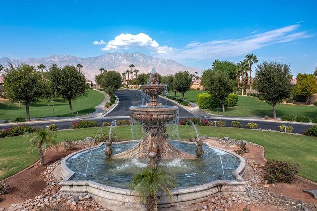 view of community featuring a mountain view and a yard