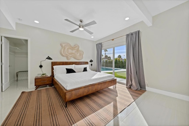 bedroom featuring a walk in closet, access to outside, ceiling fan, beam ceiling, and a closet