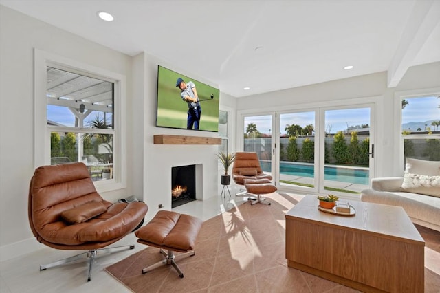 living room featuring light tile patterned floors and a healthy amount of sunlight