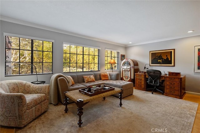 living room with ornamental molding, light hardwood / wood-style flooring, and a wealth of natural light