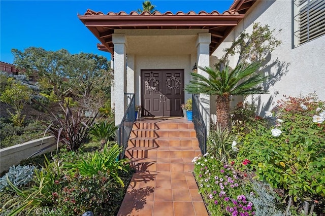 doorway to property with stucco siding