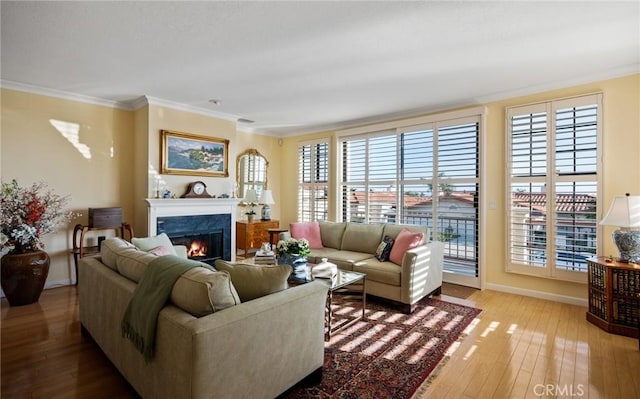 living room featuring light wood-type flooring, a premium fireplace, ornamental molding, and plenty of natural light